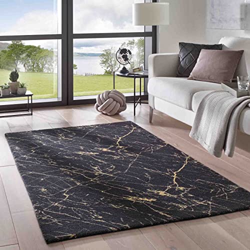 Taracarpet Teppich Supersoft Kurzflor-Teppich Valetta Marmor Blitz modern marmoriert waschbar für Wohnzimmer Schlafzimmer Jugendzimmer Badezimmer aus Polyester schwarz-Gold 050x080 cm von Taracarpet