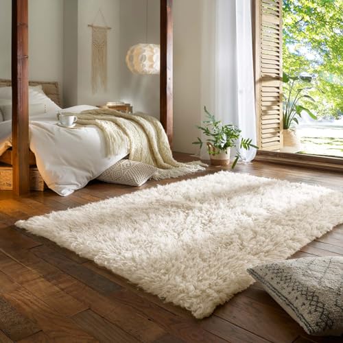 Taracarpet Teppich Wollteppich Flokati Diana aus Schurwolle, Schafwollteppich Hochflor Langflor fürs Wohnzimmer Schlafzimmer Esszimmer Weiss beige Creme 190x290 cm von Taracarpet