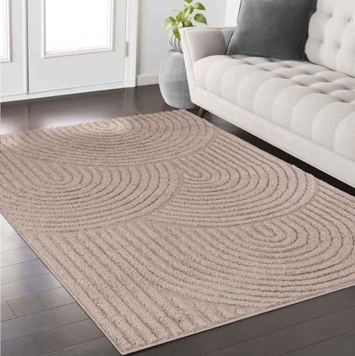 Taracarpet Teppich fürs Wohnzimmer Schlafzimmer und Kinderzimmer Skandi Boho Designerteppich hoch-tief Struktur Wellen Uni beige 240x340 cm von Taracarpet