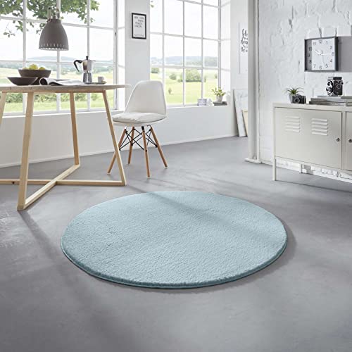 Taracarpet Waschbarer Flauschiger Uni Kurzflor Teppich, Anti-Rutsch, Felloptik, Super Soft Hellblau 080 cm rund von Taracarpet