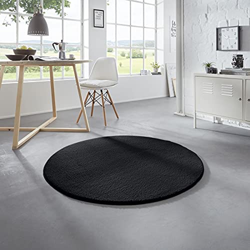 Taracarpet Waschbarer Flauschiger Uni Kurzflor Teppich, Anti-Rutsch, Felloptik, Super Soft Schwarz 120 cm rund von Taracarpet