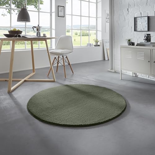 Taracarpet Waschbarer Flauschiger Uni Kurzflor Teppich, Anti-Rutsch, Felloptik, Super Soft dunkel grün 120 cm rund von Taracarpet