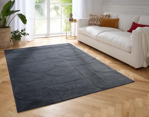Taracarpet Weicher Kurzflor Designer Teppich in Hasenfell-Optik Supersoft ideal fürs Wohnzimmer Schlafzimmer und Kinderzimmer Kreise anthrazit 060x100 cm von Taracarpet