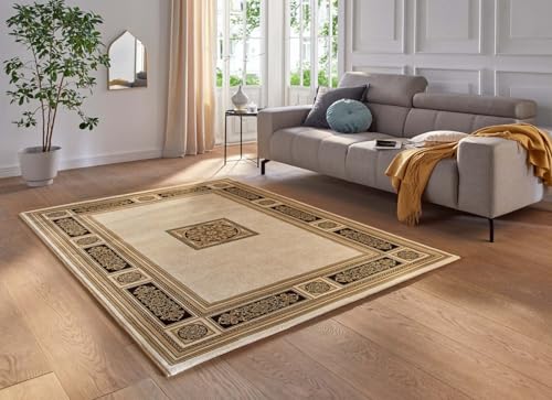 Taracarpet moderner Designer Orient Kurzflor Teppich edle Luxus Qualität im Aubusson Palast Design für Wohnzimmer, Schlafzimmer und Esszimmer Gold-schwarz 240x340 cm von Taracarpet