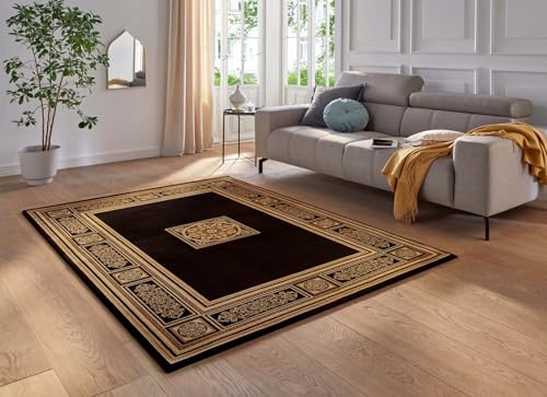 Taracarpet moderner Designer Orient Kurzflor Teppich edle Luxus Qualität im Aubusson Palast Design für Wohnzimmer, Schlafzimmer und Esszimmer schwarz-Gold 240x340 cm von Taracarpet