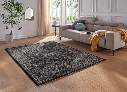 Taracarpet moderner Designer Orient Kurzflor Teppich edle Luxus Qualität im Vintage Tabriz nain Design mit Medallion für Wohnzimmer Schlafzimmer und Esszimmer anthrazit 200x290 cm von Taracarpet