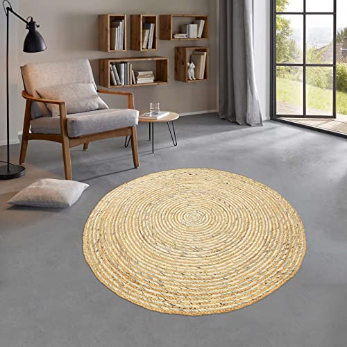 Taracarpet runder Jute Teppich Sisal Optik Kurzflor Boho modern für Wohnzimmer Schlafzimmer nachhaltig Natur-Teppich mit Wolle 120 cm rund von Taracarpet