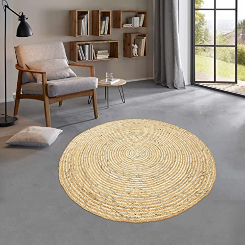Taracarpet runder Jute Teppich Sisal Optik Kurzflor Boho modern für Wohnzimmer Schlafzimmer nachhaltig Natur-Teppich mit Wolle 200 cm rund von Taracarpet