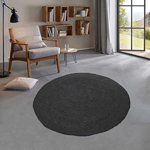 Taracarpet runder Jute Teppich Sisal Optik Kurzflor Boho modern für Wohnzimmer Schlafzimmer nachhaltig Natur-Teppich schwarz 100 cm rund von Taracarpet