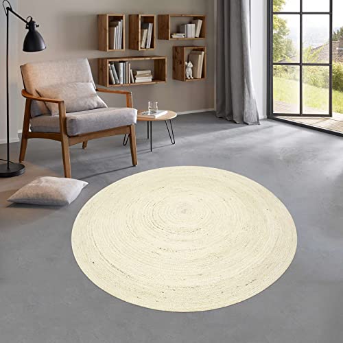 Taracarpet runder Jute Teppich Sisal Optik Kurzflor Boho modern für Wohnzimmer Schlafzimmer nachhaltig Natur-Teppich weiß 200 cm rund von Taracarpet