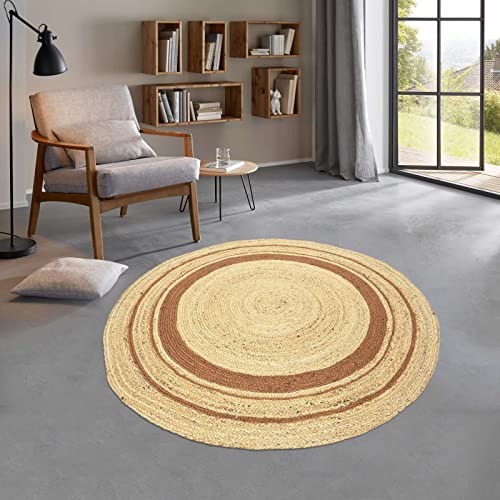 Taracarpet runder Jute Teppich Sisal Optik mit Bordüre Kurzflor Boho modern für Wohnzimmer Schlafzimmer nachhaltig Natur-Teppich Natur-Terracotta 250 cm rund von Taracarpet