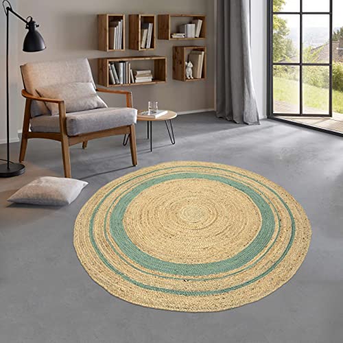 Taracarpet runder Jute Teppich Sisal Optik mit Bordüre Kurzflor Boho modern für Wohnzimmer Schlafzimmer nachhaltig Natur-Teppich Natur-grün 250 cm rund von Taracarpet