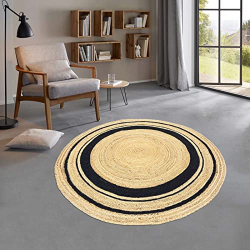 Taracarpet runder Jute Teppich Sisal Optik mit Bordüre Kurzflor Boho modern für Wohnzimmer Schlafzimmer nachhaltig Natur-Teppich Natur-schwarz 120 cm rund von Taracarpet