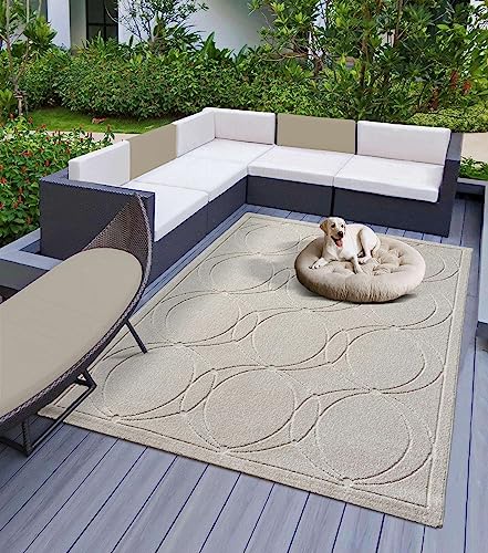 Teppich Indoor & Outdoor Teppich Capri mediteranes Kreise Design, rechteckig, Höhe: 5 mm, Kurzflor Balkon Terrasse Küchenteppich Wohnzimmer Creme 240x340 cm von Taracarpet