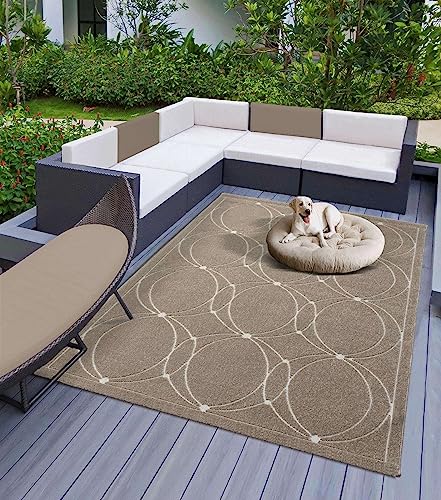 Teppich Indoor & Outdoor Teppich Capri mediteranes Kreise Design, rechteckig, Höhe: 5 mm, Kurzflor Balkon Terrasse Küchenteppich Wohnzimmer beige 160x230 cm von Taracarpet