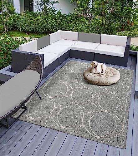 Teppich Indoor & Outdoor Teppich Capri mediteranes Kreise Design, rechteckig, Höhe: 5 mm, Kurzflor Balkon Terrasse Küchenteppich Wohnzimmer grau 080x150 cm von Taracarpet