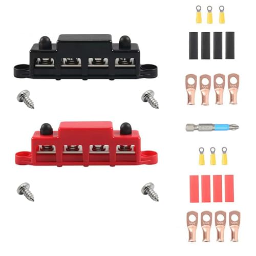 2 Stück Sammelschiene Verteilerblock 12V-48V DC busbar Box, 250A 4 x M8 Stromschiene Stromverteilerblöcke mit Abdeckung, für oder Autos, Wohnmobile, Schiffe, Yachten (Rot Schwarz) von Tarange