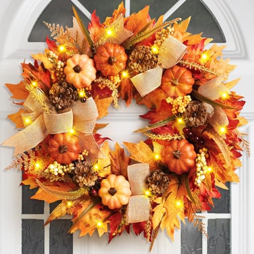 Herbstdeko – Türkranz Herbst Außen, Herbstkranz Haustür, Herbst Türkranz mit orangefarbenen Kürbissen, Seidenblättern und Schleifen, 50 cm Herbstkranz, Herbstdekorationen für Zuhause (A) von Tarange