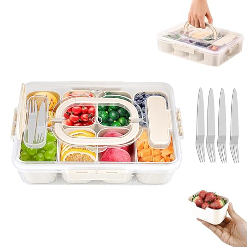 Tarange Snackbox mit Fächern, Snackteller mit Deckel, Snack Box mit Deckel, Snackbox Kinder Mit Besteck, Snack Tray To Go mit 8 Fächern für Süßigkeiten Gewürz Snacks Obst Nüsse Desserts(1) von Tarange