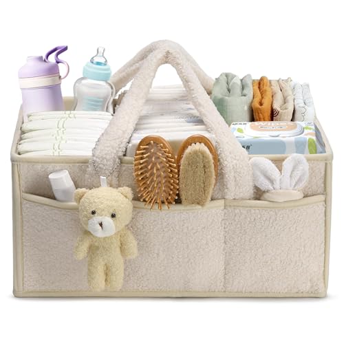 Wickeltisch Organizer, Tragbarer Wickelkorb mit Großer Stauraum, Plüsch Wickeltasche Organizer mit Wechselbaren Fächer, Multifunktional Wickel Organizer für Feuchttücher und Babysachen (Off-White) von Tarange