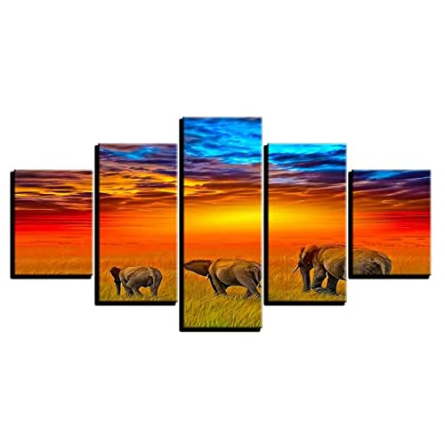 Leinwanddruck Sunset Grassland Elephants Leinwanddruck Malerei Wandkunst Dekor Bild Poster Wohnkultur Gemälde 5 Tafelbilder Ohne Rahmen 100x55cm von Targawerelax