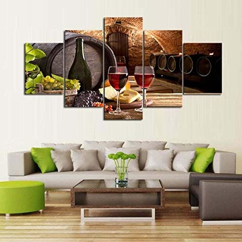 Targawerelax Canvas Painting Poster Multi-Panel-Druck Weinkeller Verkostung Leinwand 5-Teiliges Glasfass Weintraube Wandkunst 5-Teiliges Poster Home Decor Print No Framed 150x80cm von Targawerelax