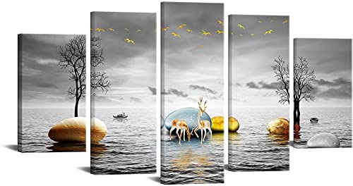 Targawerelax Leinwanddruck Modernes Leinwandbild, Goldener Zen-Stein Auf Dem Ozean, Kunstwerk, Hirsch Neben Dem Ozean, Bilddruck, Schwarz, Weiß, Entspannendes Spa 200x100cm von Targawerelax