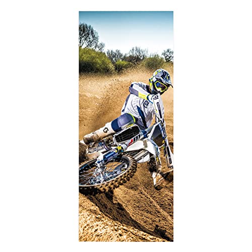 TüRtapete Selbstklebend TüRposter TüRaufkleber Tapete, Wandaufkleber für Schlafzimmer, Heimdekoration, wasserdicht, abnehmbar, Premium Vinyl Upgrade, Motocross Fahrer, Motorrad im Gelände von Targawerelax