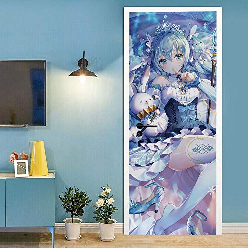 TüRtapete Selbstklebend TüRposter TüRaufkleber Tapete, Wandaufkleber für Schlafzimmer, Heimdekoration, wasserdicht, abnehmbares Premium Vinyl Upgrade, blaues Anime Mädchen und Hase Kawaii von Targawerelax