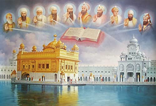 Targets Store All Ten Sikh Guru giving Blessing from Sky to Golden Temple in Amritsar, A rare Poster Painting of Ten Sikh Guru with Golden Temple 30,5 x 45,7 cm Rollposter von Targets