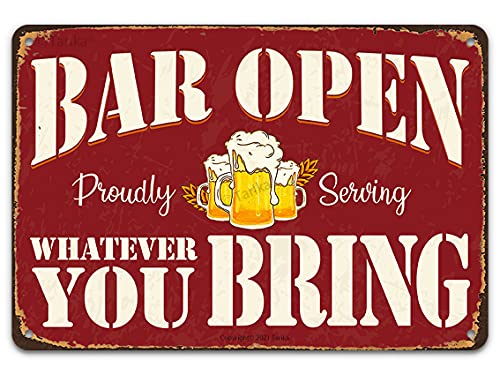 Bar Blechschild Dekor, Bar Open Proudly Serving Whatever You Bring, 20,3 x 30,5 cm Wanddekoration für Bar, Café, Diner Küche, Garage, Man Cave Pub Pool Grill von Tarika