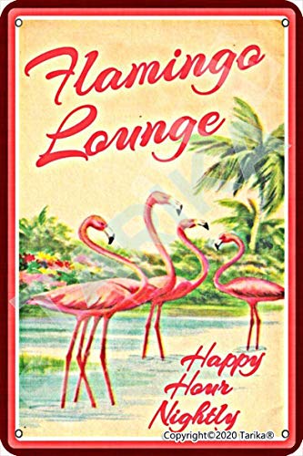 Flamingo Lounge Happy Hour Nightly Metall-Retro-Look 20 x 30 cm Dekoration Kunst Schild für Zuhause Küche Bad Bauernhof Garten Garage inspirierende Zitate Wanddekoration von Tarika