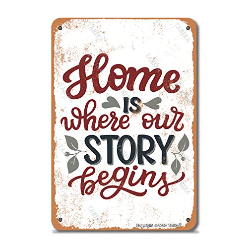 Metallschild mit Aufschrift "Home Is Where Our Story Begins", 20,3 x 30,5 cm, Retro-Look, für Zuhause, Küche, Badezimmer, Bauernhof, Garten, Kaffee, inspirierende Zitate von Tarika