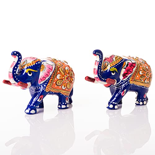 Minakari Traditional Indian Rajasthani Décor Hand Painted Statue Sculpture Christmas Festive Decoration Showpiece for Table Home Office and Gifting (Blue Elephant Set of 2) von Tarini Gallery