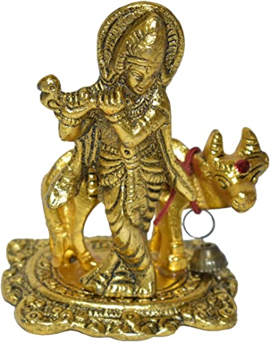 Tarini Gallery Metal God Idol Statue Murti Sculpture Indian Décor Antique for Pooja Worship Home Temple Decor Decoration and Gifting (Antique Golden-Krishna with Cow) von Tarini Gallery