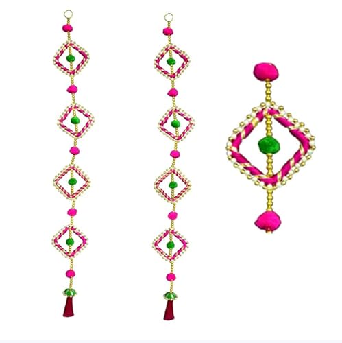 Tarini Gallery Set of 2 Traditional Handcrafted Colorful Pompom Door Hangings Latkan Home Décor for Home Offices Hotel Wall Hangings and Gifting (Pink Square) von Tarini Gallery