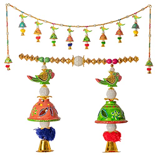 Toran Bandanwaar Hanging for Home Wall Door Temple Festival Wedding Function Party Decoration Décor and Gifting (Parrot Bell Toran with 2 Hangings) von Tarini Gallery