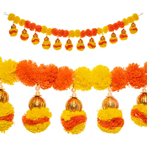 Toran Bandanwaar Künstliche Ringelblumen-Blumengirlande für Wandtür, zum Aufhängen von Zuhause, Tempel Diwali Festival Hochzeitsfunktion Partydekoration Dekoration und Geschenk (Ringelblume und Kugel) von Tarini Gallery