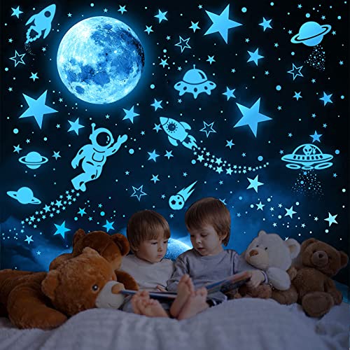 1199PCS Leuchtsterne Selbstklebend Wandsticker leuchtsterne kinderzimmer Wandsticker Mond und Sterne Astronaut,Rakete Fluoreszierend Wandaufkleber für Kinder Kindergarten Schlafzimmer Wohnzimmer von Tarklanda
