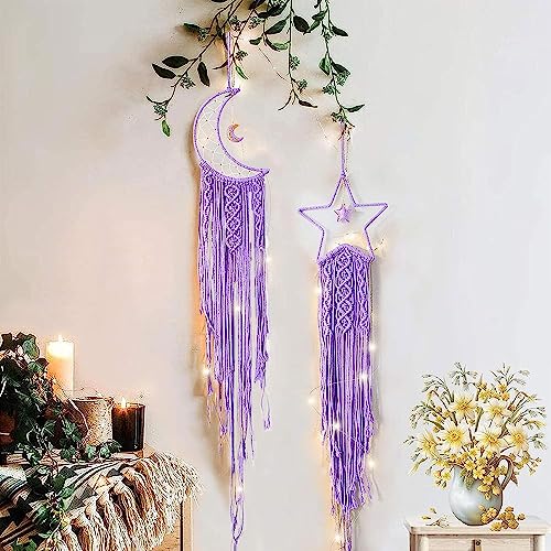 2 Stück Makramee Wandbehang Mond Stern Traumfänger Mädchen Dreamcatcher Handgemachte Boho Traumfänger Maiden Zimmer Schlafzimmer Romantische Dekoration für Kinder Familie Freunde Segensgeschenk Lila von Tarklanda