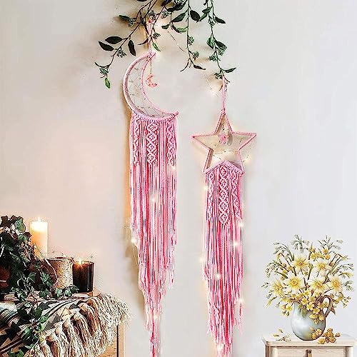 2 Stück Makramee Wandbehang Mond Stern Traumfänger Mädchen Dreamcatcher Handgemachte Boho Traumfänger Maiden Zimmer Schlafzimmer Romantische Dekoration für Kinder Familie Freunde Segensgeschenk Rosa von Tarklanda