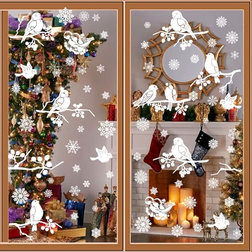 9 Blätter Fensterbilder Weihnachten Selbstklebend Weiß Fensterdeko Weihnachten Wiederverwendbar Schneeflocken Vogel Fensterdeko für Fenster Vitrine Türen Schaufenster Winter Weihnachtsdeko von Tarklanda