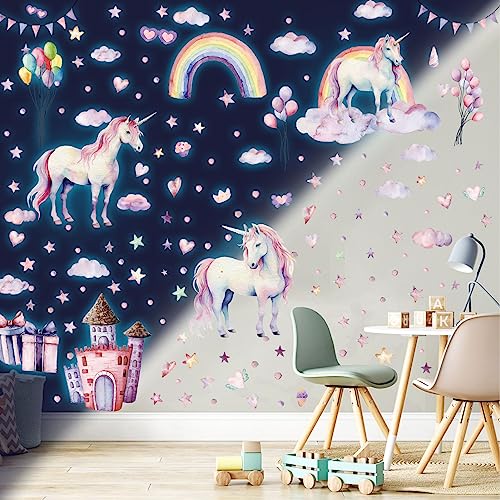 Einhorn Wandtattoo Kinderzimmer Leuchtsticker Einhorn Leuchtend Wandaufkleber Mädchenzimmer Regenbogen Schlos Leuchtaufkleber Fluoreszierend Wandaufkleber Babyzimmer Deko für Mädchen Geschenke Blau von Tarklanda