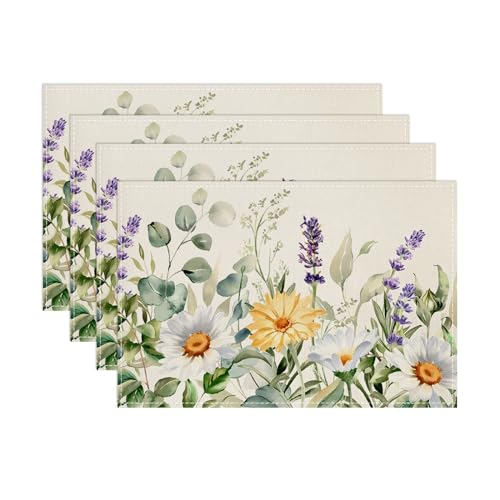 Blume Platzsets 4er Set Gänseblümchen Lavendel Platzsets Floral Eukalyptus Tischsets Frühlings Platzdeckchen Urlaub Dekor für Küche Esstisch Party 30 x 45cm von Tarklanda