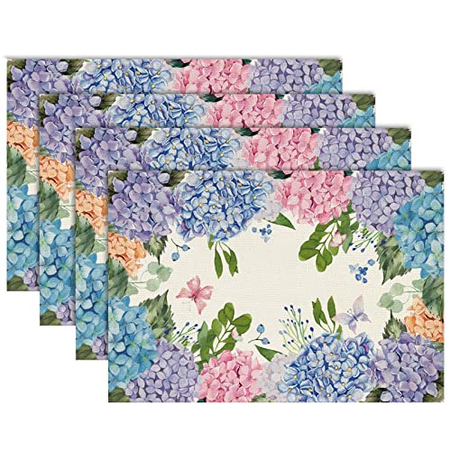 Blume Frühling Platzsets 4er Set Platzset Floral Platzsets Hortensien Aquarell Tischsets Waschbar Sommer Dekoration für Küche Tisch Urlaub Party 30x45cm von Tarklanda