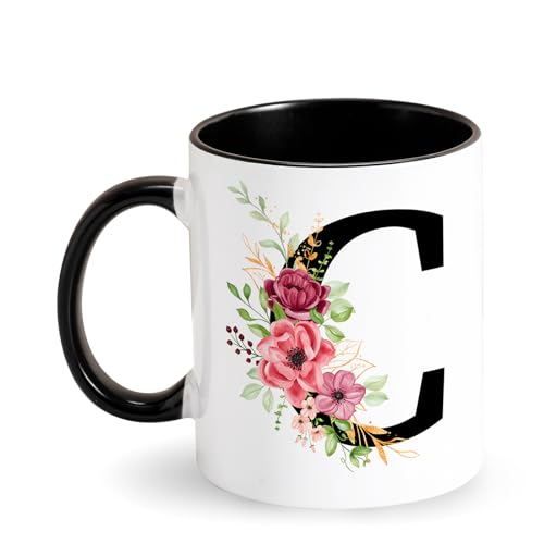 Initiale Tasse Buchstabe Kaffeetasse -Tasse mit Blumen Initial - Monogramm Tasse - Schwarz Keramik Tasse - Personalisiert Geschenke für Freundin Dame Mama zum Geburtstag Muttertag (C) von Tarklanda
