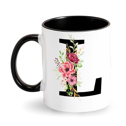 Initiale Tasse Buchstabe Kaffeetasse -Tasse mit Blumen Initial - Monogramm Tasse - Schwarz Keramik Tasse - Personalisiert Geschenke für Freundin Dame Mama zum Geburtstag Muttertag (L) von Tarklanda