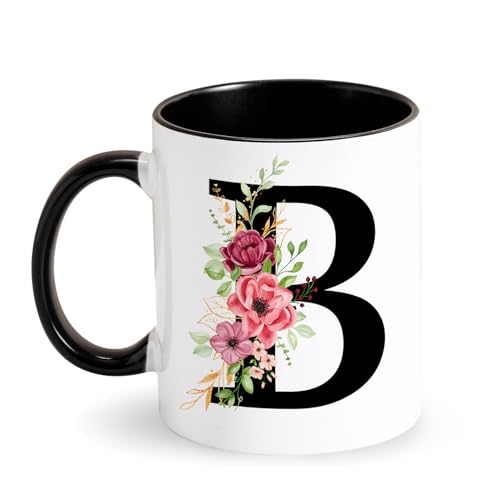 Kaffee-Tasse mit Buchstabe - Tasse mit Initial Blumen - Monogramm Tasse - Schwarz Keramik Tasse - beidseitig bedruckt - Personalisiert Geschenke für Freund Frauen zum Geburtstag Muttertag (B) von Tarklanda