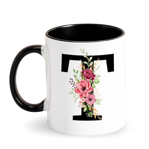 Kaffee-Tasse mit Buchstabe - Tasse mit Initial Blumen - Monogramm Tasse - Schwarz Keramik Tasse - beidseitig Bedruckt - Personalisiert Geschenke für Freund Frauen zum Geburtstag Muttertag (T) von Tarklanda