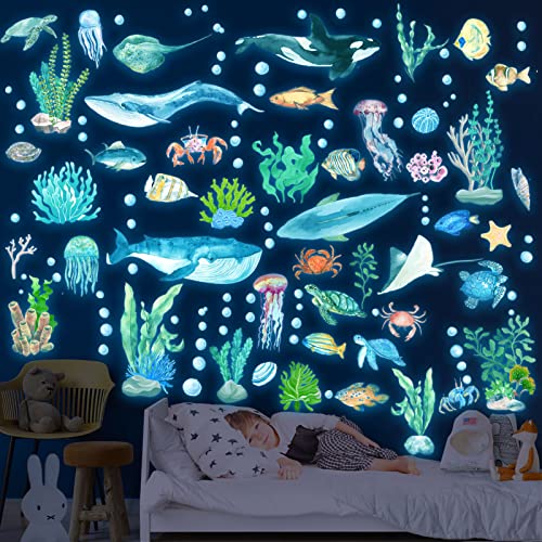 Meerestiere Wandtattoo Leuchtend Wandsticker Leuchtaufkleber Ozean Fluoreszierend Wandaufkleber Unterwasserwelt Meereswelt Leuchtaufkleber Für Kinderzimmer Dekorative Aufkleber Wanddeko von Tarklanda